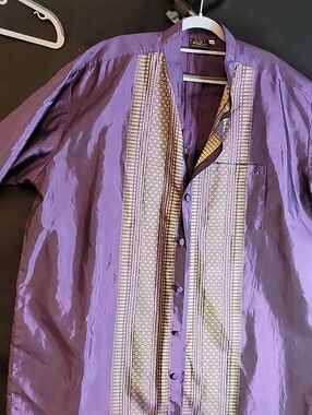 Purple Men's Button-Up Shirt with Gold Embroidered Front Panels